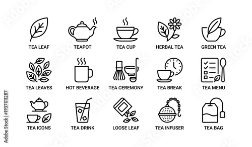 Tea icons set: teapot, cup, herbal, green, ceremony, infuser