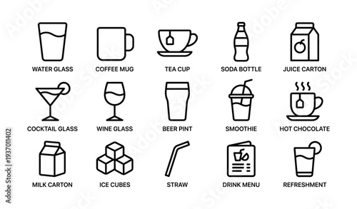 Beverage icon set: glasses, cups, bottles, and cartons in minimalist style