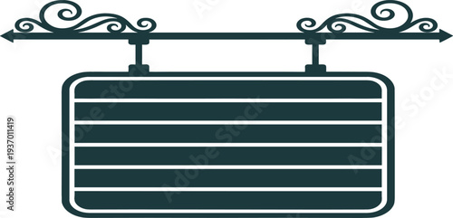 Vintage wrought iron hanging sign with ornate scrolls and decorative horizontal slats isolated on white background for shop branding or rustic boutique storefront vector