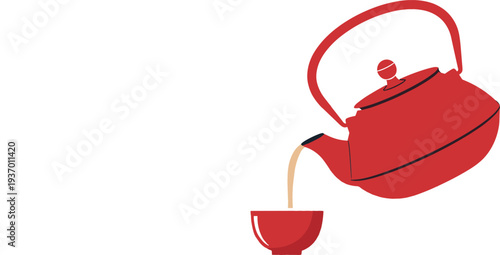 Traditional red ceramic teapot pouring hot tea into a matching bowl isolated on white background for kitchen cafe and oriental tea ceremony vector