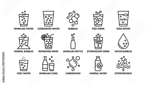 Sparkling and fizzy beverage icons: bubbles, carbonation, soda, mineral water, effervescence