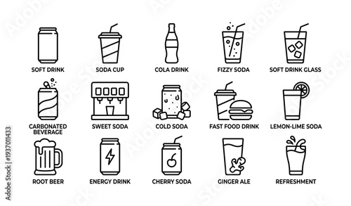 Assorted beverage icons displaying soft drinks, soda, and refreshments