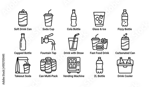Variety of beverage containers and dispensers line art icon set
