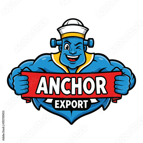 Blue cartoon sailor strongman mascot holding a red ANCHOR EXPORT banner with an anchor symbol