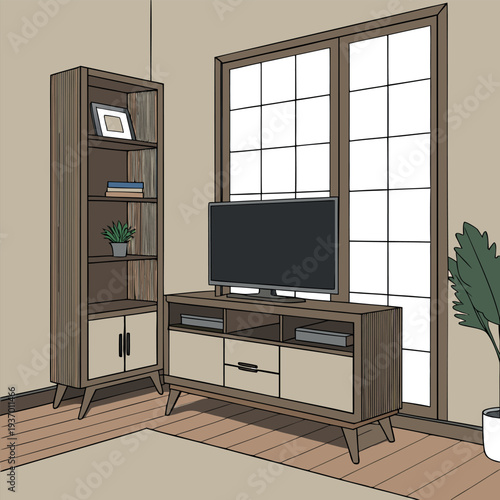 living room interior with a wooden TV cabinet and flat screen TV on top