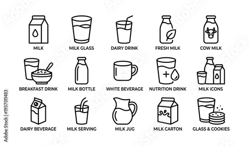 Variety of milk and beverage icons in line art style