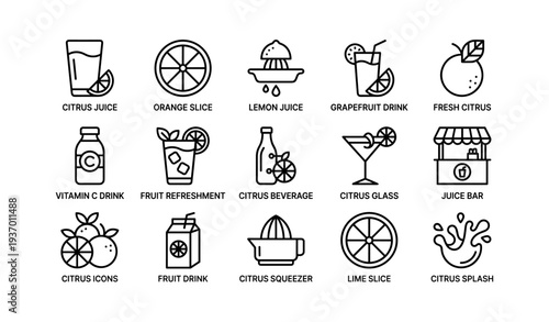 Citrus beverage icons collection: juice, lemon, lime, orange, grapefruit