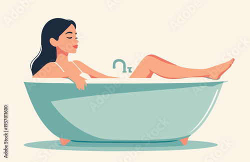 donna nella vasca da bagno in casa, relax ferie, riposo, yoga vettoriale 
