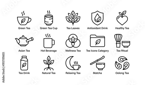 Tea icon set: green, asian, matcha, wellness, antioxidant drink symbols