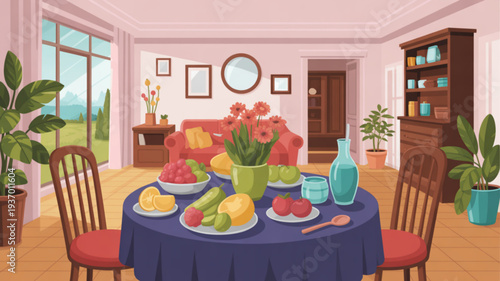 Colorful dining room with fruit and flowers on table