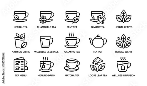 Herbal tea and wellness icon set featuring teapots, leaves, and cups
