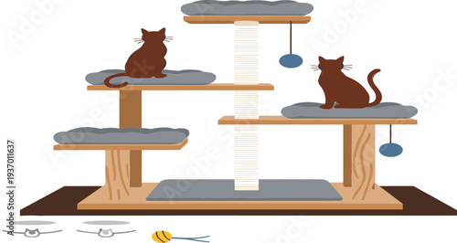 Wooden cat tree scratching post with multi level platforms cushions hanging toys and cat silhouettes isolated on white background for pet shop feline care vector