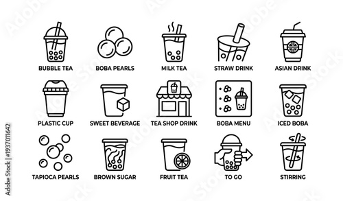 Bubble tea icons set with boba pearls and asian drinks