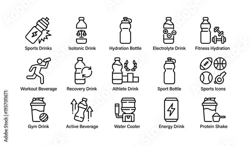 Hydration symbol set: sports, electrolyte, isotonic drink, fitness icons, workout tools