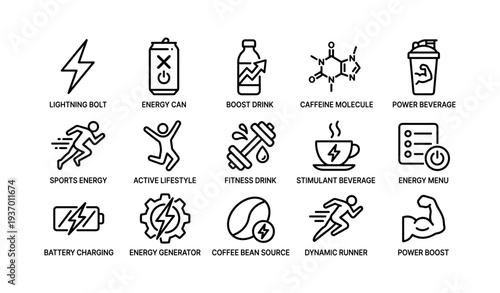 Energy and fitness icons: boost drink, power symbols, sport activities