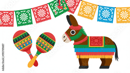 Colorful donkey and maracas with festive banner on white background vibrant mexican party decorations and accessories lively celebration elements