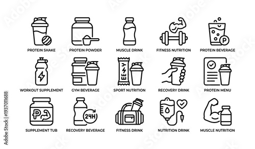 Fitness nutrition icons: protein shakes, supplements, and recovery beverages