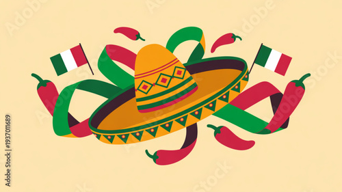 Vibrant mexican sombrero with chili peppers and flags on a pale yellow background festive celebration illustration