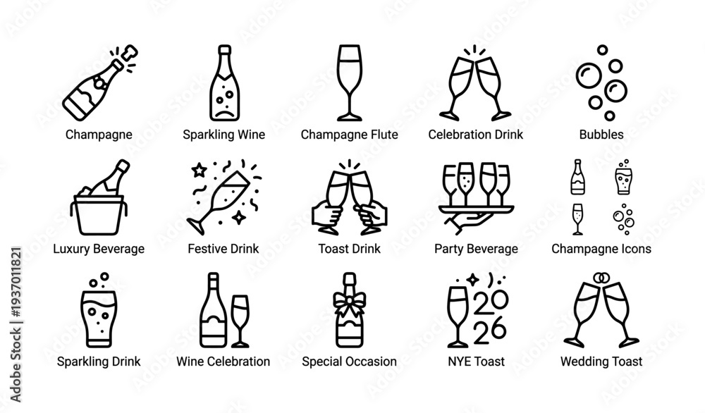 Naklejka premium Icon set: champagne, sparkling wine, toast drink, celebration beverage, party icons