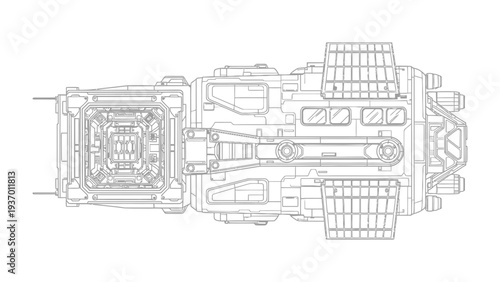 Spacecraft Blueprint: A detailed top-down schematic of a futuristic spacecraft, showcasing intricate design elements and technological innovation. 