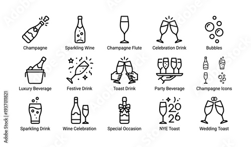 Icon set: champagne, sparkling wine, toast drink, celebration beverage, party icons
