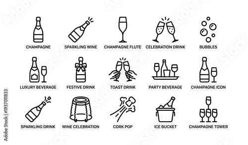 Champagne celebration icons collection for party and festive events