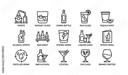 Alcoholic beverage icons set: whiskey, vodka, tequila, cocktail, spirits