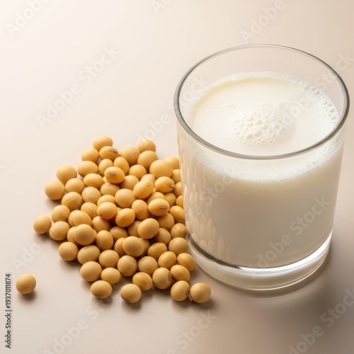 Close up of dried organic soybeans, yellow and plump, beside a glass of freshly prepared, creamy white soy milk. Healthy, vegan protein source, soy, unprocessed, ingredient