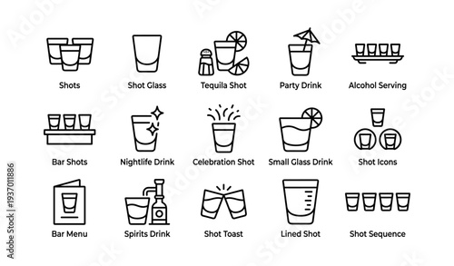 Assorted shot glass icons: tequila, party, nightlife, celebration, spirits