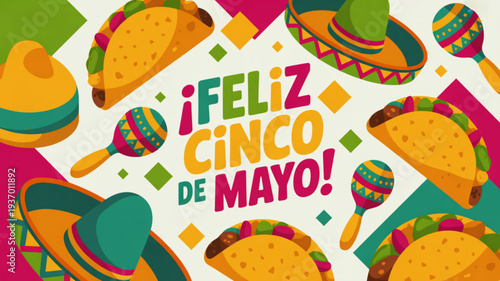 Vibrant cinco de mayo celebration background with sombreros tacos and maracas on white