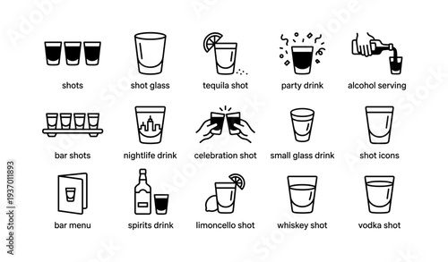 Variety of drink icons and glasses for bars and celebrations