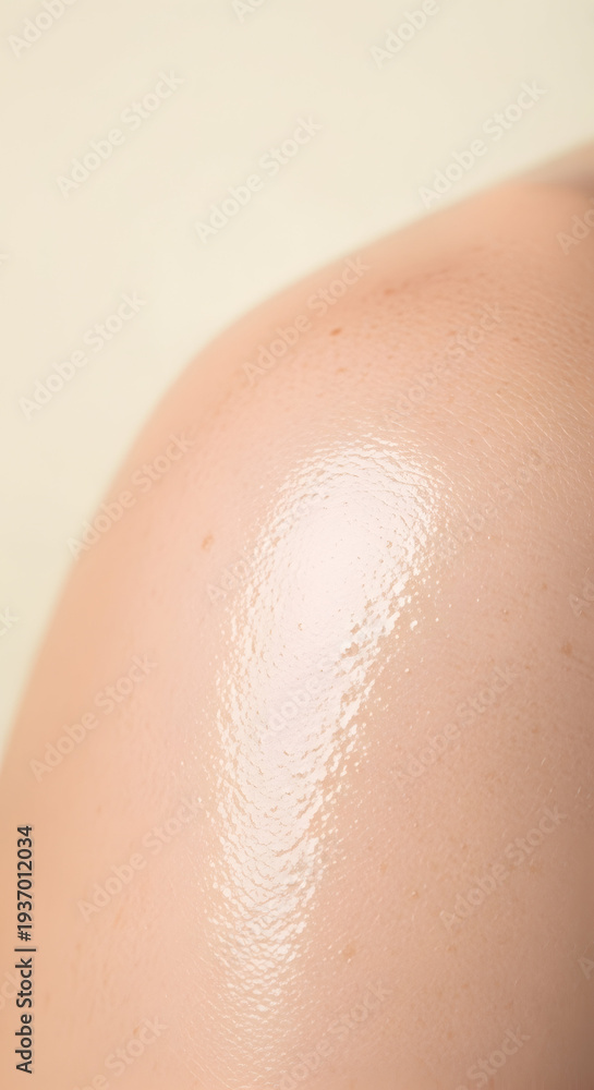 Fototapeta premium Close up of a person's shoulder with glistening skin reflecting light, highlighting texture and healthy glow, isolated on a soft neutral background