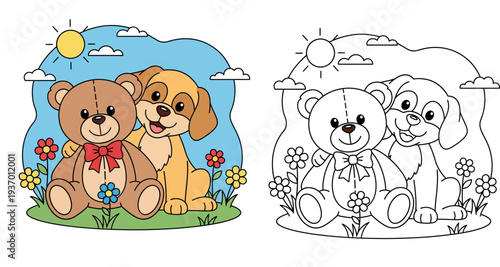 Cute cartoon puppy dog hugging a teddy bear toy sitting in a sunny spring garden with flowers vector