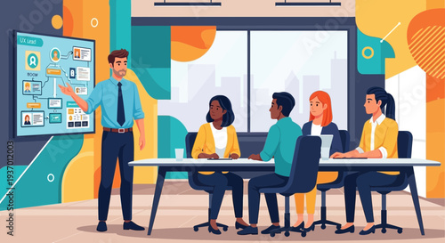 Business meeting presentation with diverse team collaborating effectively.