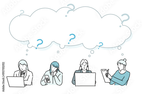 ビジネスパーソンー複数ー疑問ー上半身ー女性ー困ったー質問ーアイコンーシンプルベクターイラスト素材