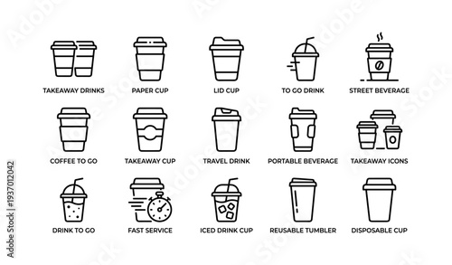 Minimalist coffee cup line icons set for takeaway and travel