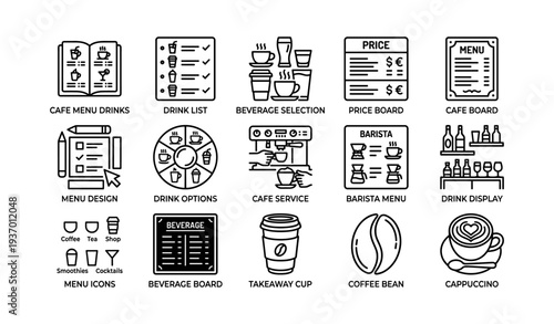 Cafe menu icons: drink options and beverage selection