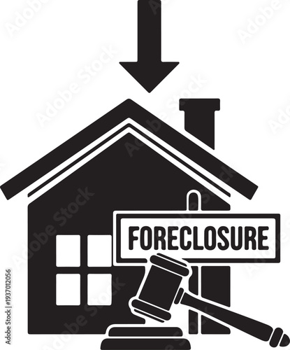 Silhouette of a house with foreclosure sign isolated on transparent background