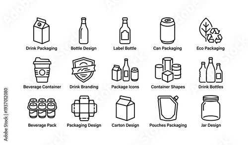 Various packaging icons: drink, bottle, can, eco, beverage, branding, container, design, carton, jar