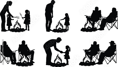 WebCampfire silhouettes, people outdoors, family gathering, camping chairs, roasting marshmallows, social interaction, leisure activity, outdoor fire, bonding moments,