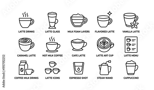 Coffee icons: latte, cappuccino, espresso, menu and more