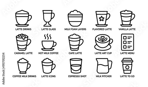 Collection of outline latte icons featuring coffees, glasses, and milk pitcher