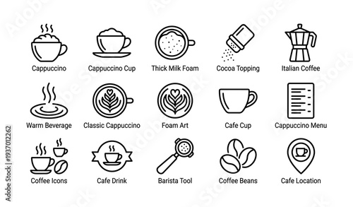 Coffee icon set featuring cappuccino cups and cafe elements