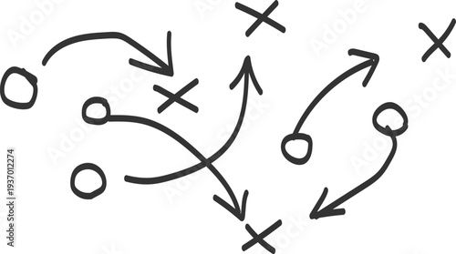 Hand drawn diagram illustrating complex game strategy involving moving circles and crosses with intersecting arrows indicating plays.