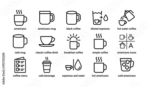 Coffee icon set: americano, mug, espresso, cafe, beverage graphics