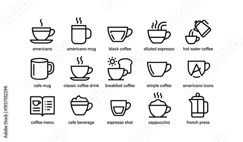 Outline icons of coffees and beverages: americano, espresso, cappuccino, french press, mug
