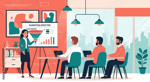 Business meeting presentation with marketing funnel chart.