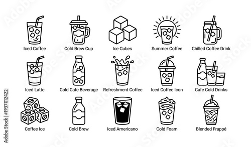 Assorted iced coffee and beverage icons collection