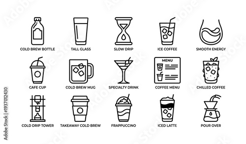 Collection of coffee icons featuring cold brew, iced latte, and specialty drinks