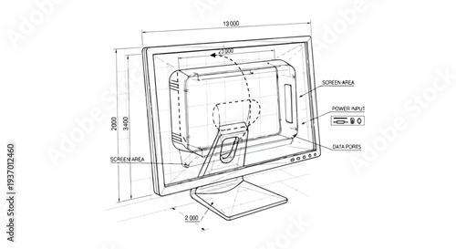 Modern computer monitor hardware technical sketch